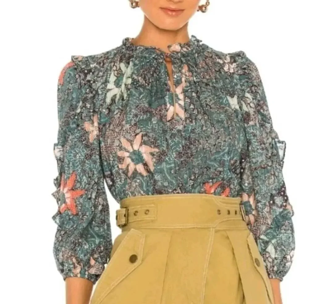Ulla Johnson Manet Boho Top Size 8 Malachite Floral Ruffle Puff Sleeve Blouse